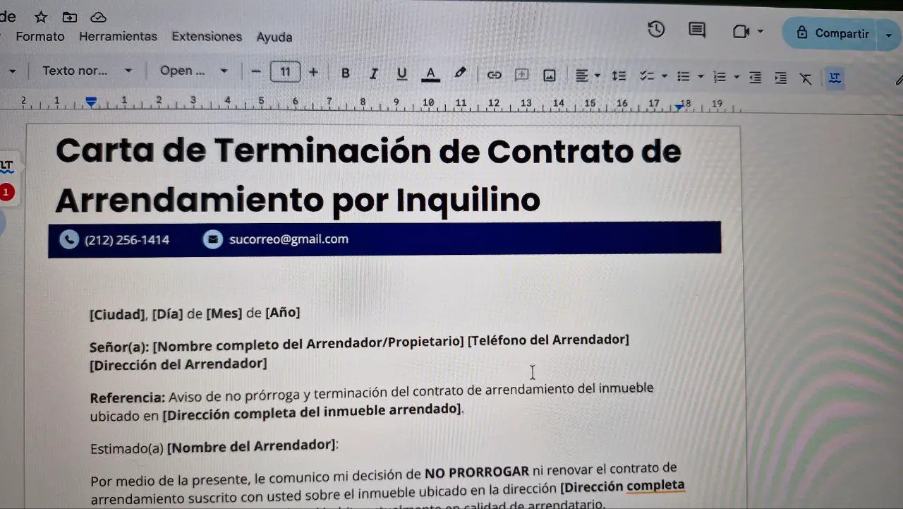 Modelo de Carta de Terminación de Contrato de Arrendamiento por Inquilino