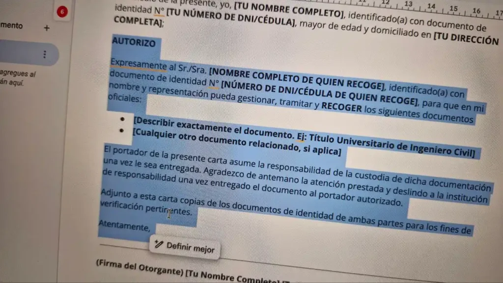 Párrafo subrayado de Carta de autorización simple para recoger documentos oficiales 