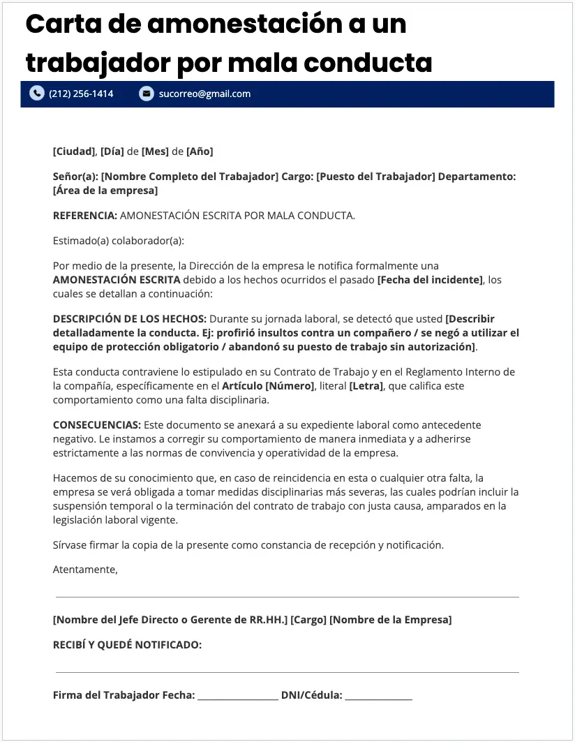 Carta de amonestación a un trabajador por mala conducta