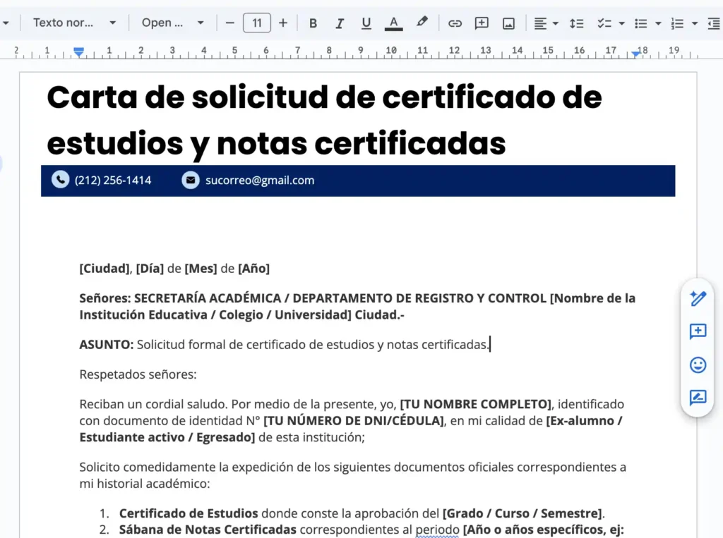 captura de la Carta de solicitud de certificado de estudios y notas certificadas (Word)