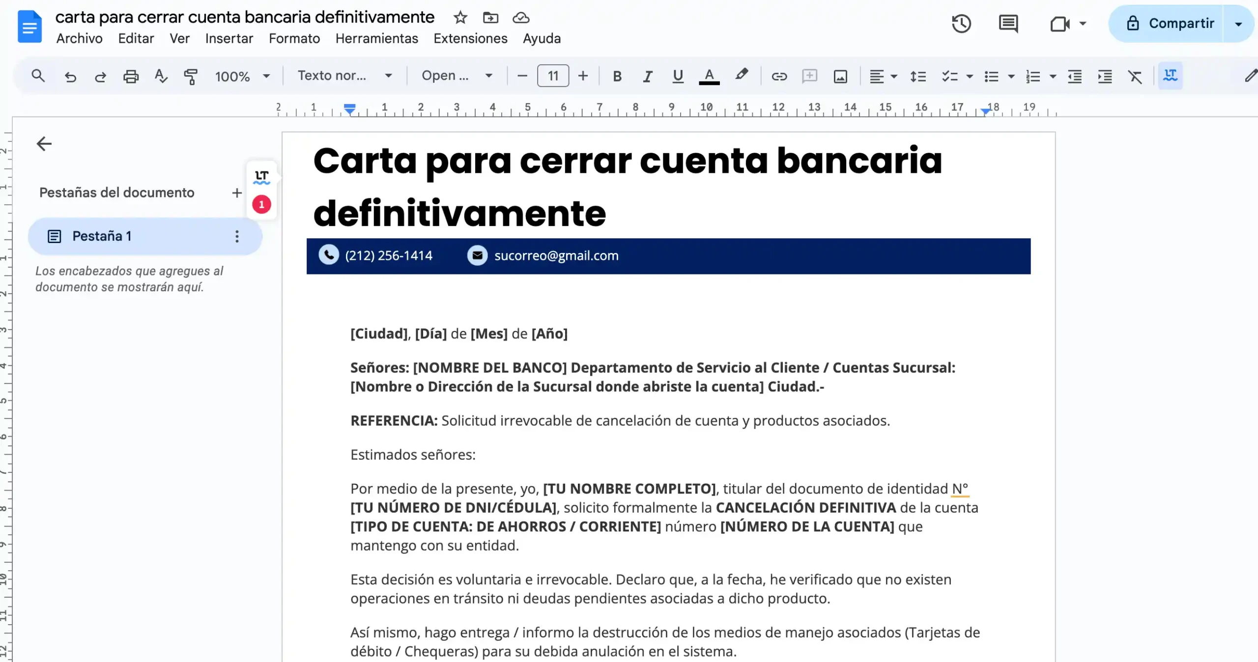 carta para cerrar cuenta bancaria definitivamente