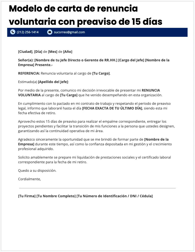 Carta de renuncia voluntaria con preaviso de 15 días