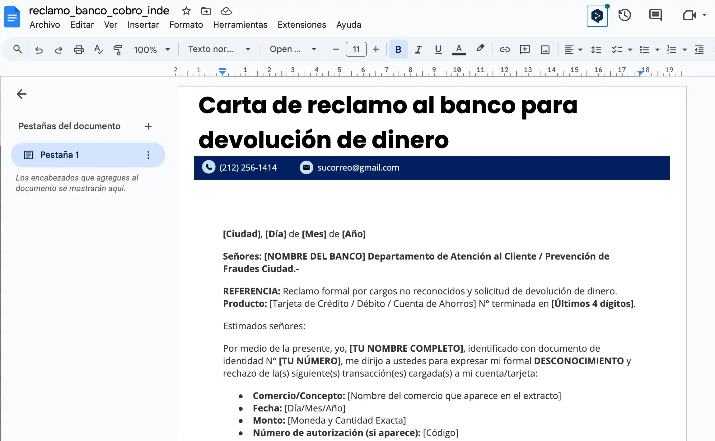 Carta de reclamo al banco para devolución de dinero