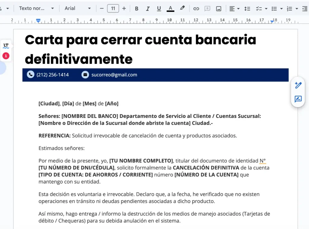 Modelo en word de Carta para Cerrar Cuenta Bancaria Definitivamente