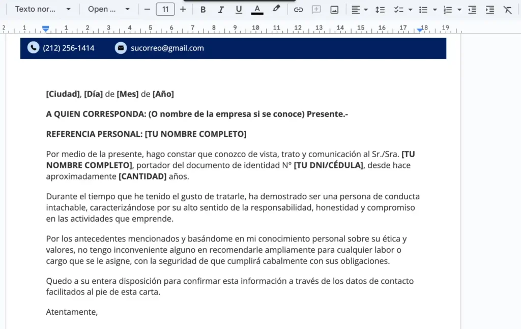 Fragmento de Carta de referencia personal