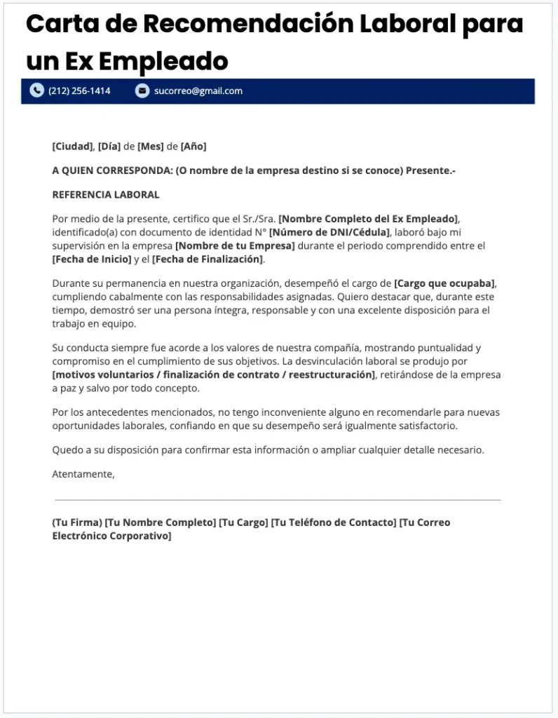 Modelo de Carta de Recomendación Laboral para un Ex Empleado 