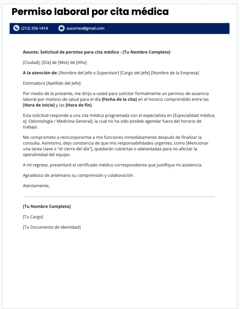 Modelo de Carta de solicitud de permiso laboral por cita médica Word