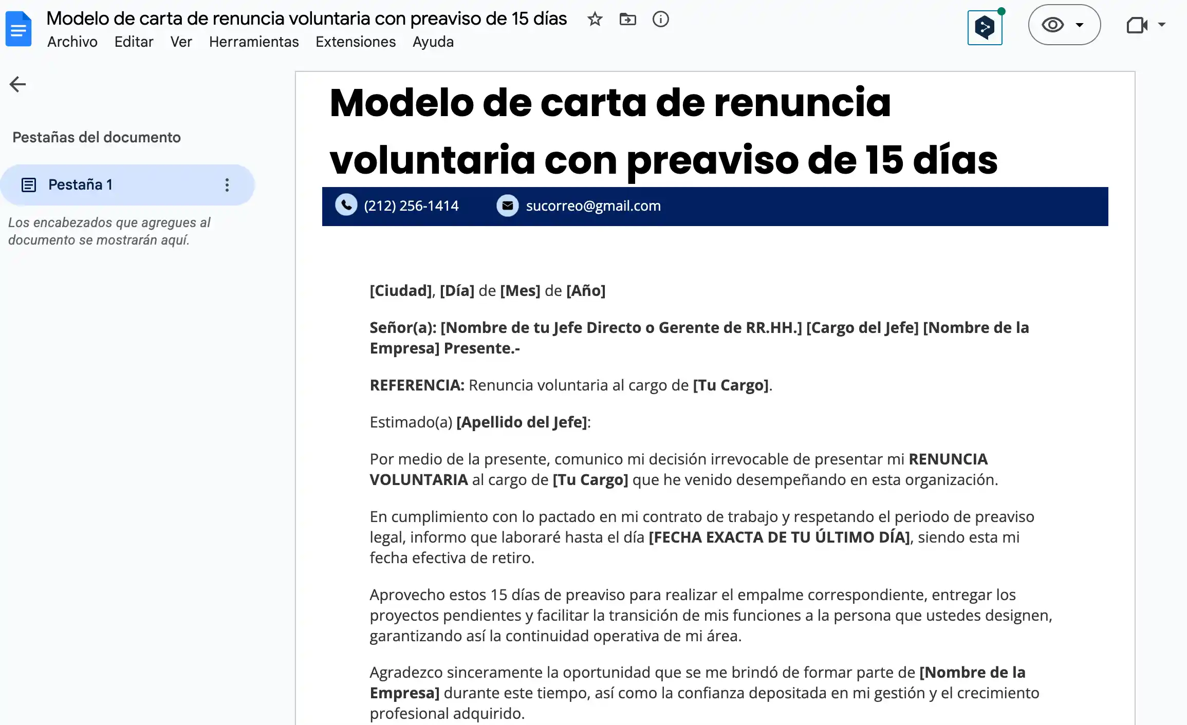 Modelo de carta de renuncia voluntaria con preaviso de 15 días