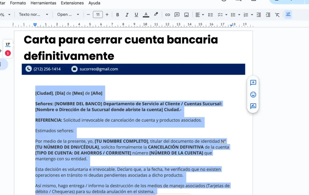 captura de Modelo de carta para cerrar cuenta bancaria definitivamente