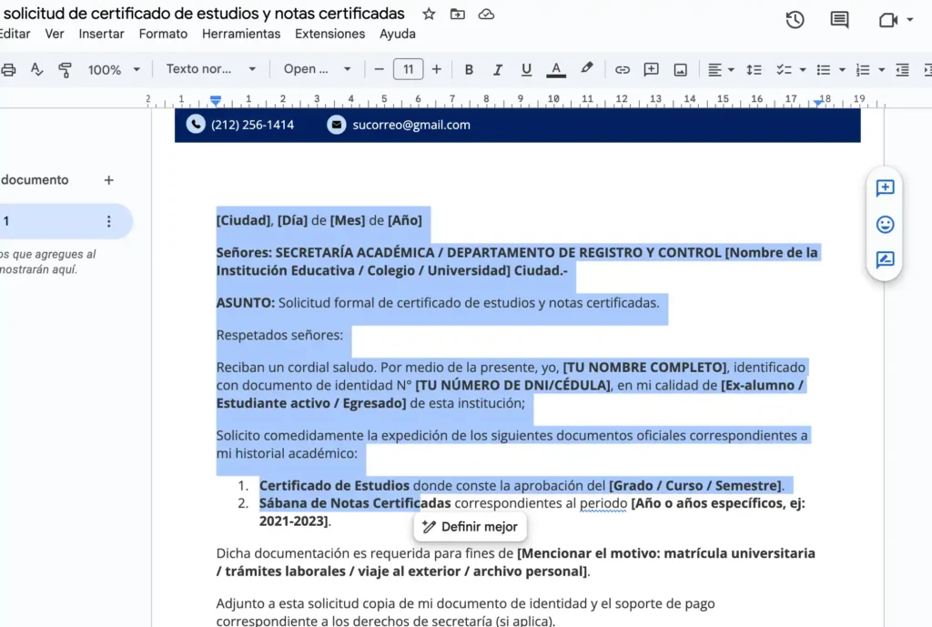 Subrayado de la Carta de solicitud de certificado de estudios y notas certificadas (Word)