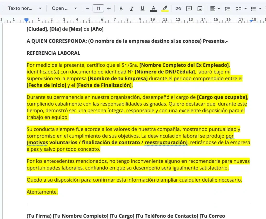 Captura de carta de recomendación laboral para un ex trabajador