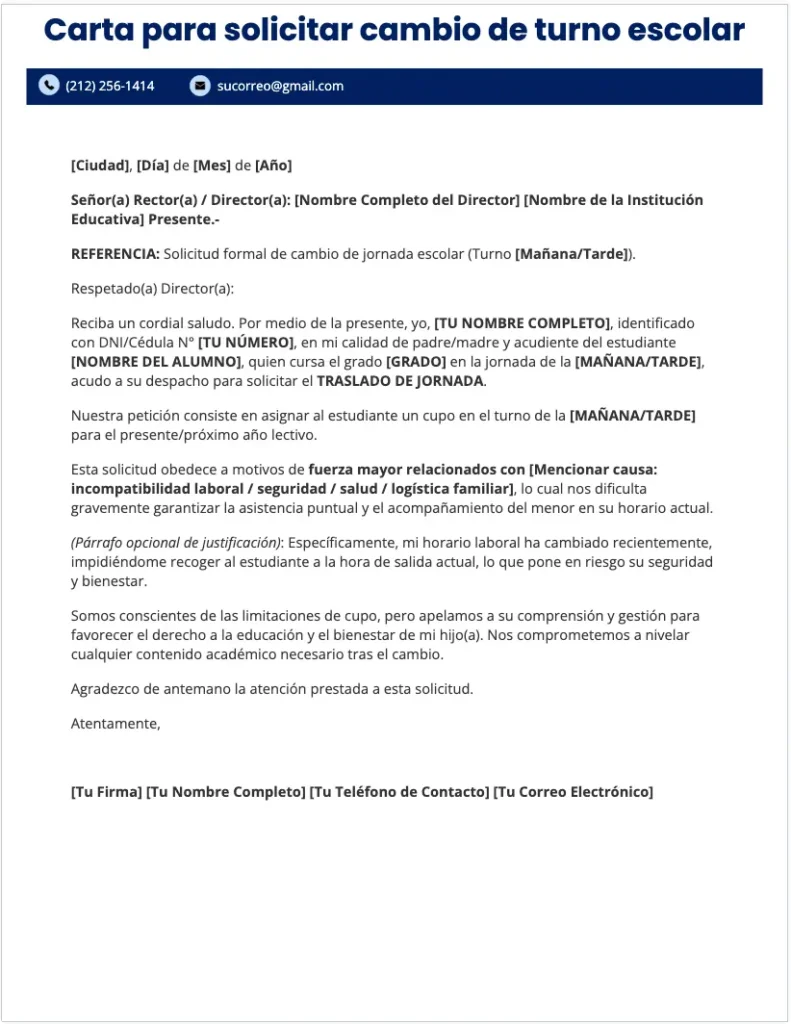 Modelo de Carta para Solicitar Cambio de Turno Escolar