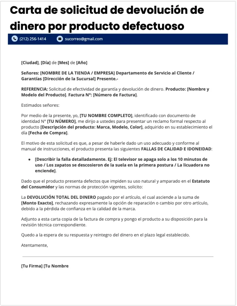 Modelo formato word de Carta de Solicitud de Devolución de Dinero por Producto Defectuoso