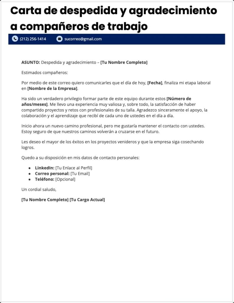 Modelo WORD de Carta de Despedida y Agradecimiento a compañeros de trabajo